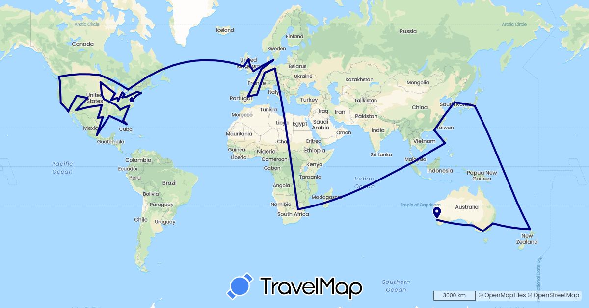 TravelMap itinerary: driving in Australia, Canada, China, Germany, Denmark, Spain, France, United Kingdom, Ireland, Japan, South Korea, Mexico, Malaysia, Netherlands, New Zealand, Philippines, United States, South Africa (Africa, Asia, Europe, North America, Oceania)