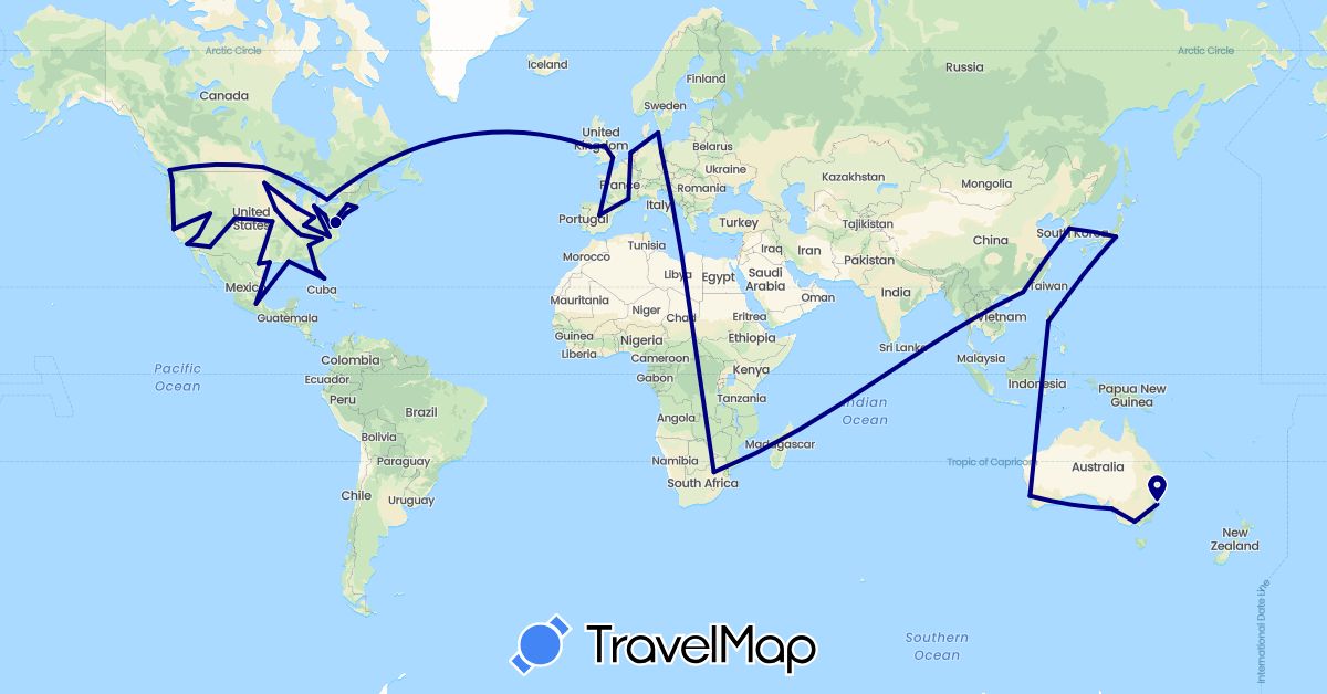 TravelMap itinerary: driving in Australia, Canada, China, Germany, Denmark, Spain, France, United Kingdom, Ireland, Japan, South Korea, Mexico, Netherlands, Philippines, United States, South Africa (Africa, Asia, Europe, North America, Oceania)